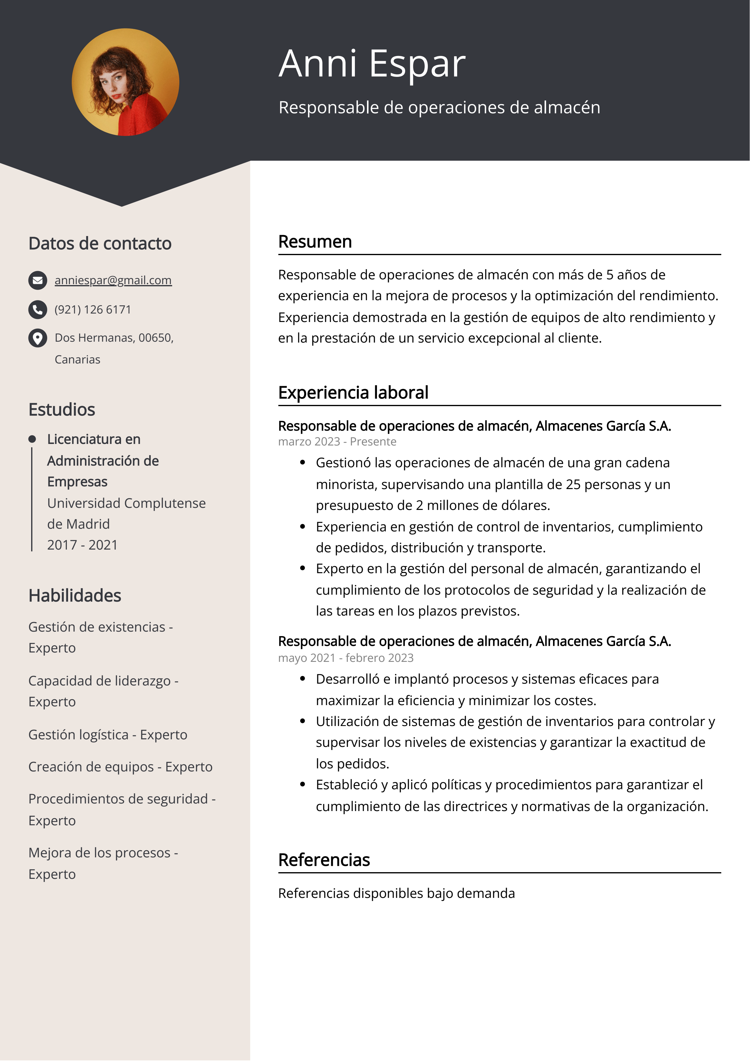 Responsable de operaciones de almacén Ejemplo de CV