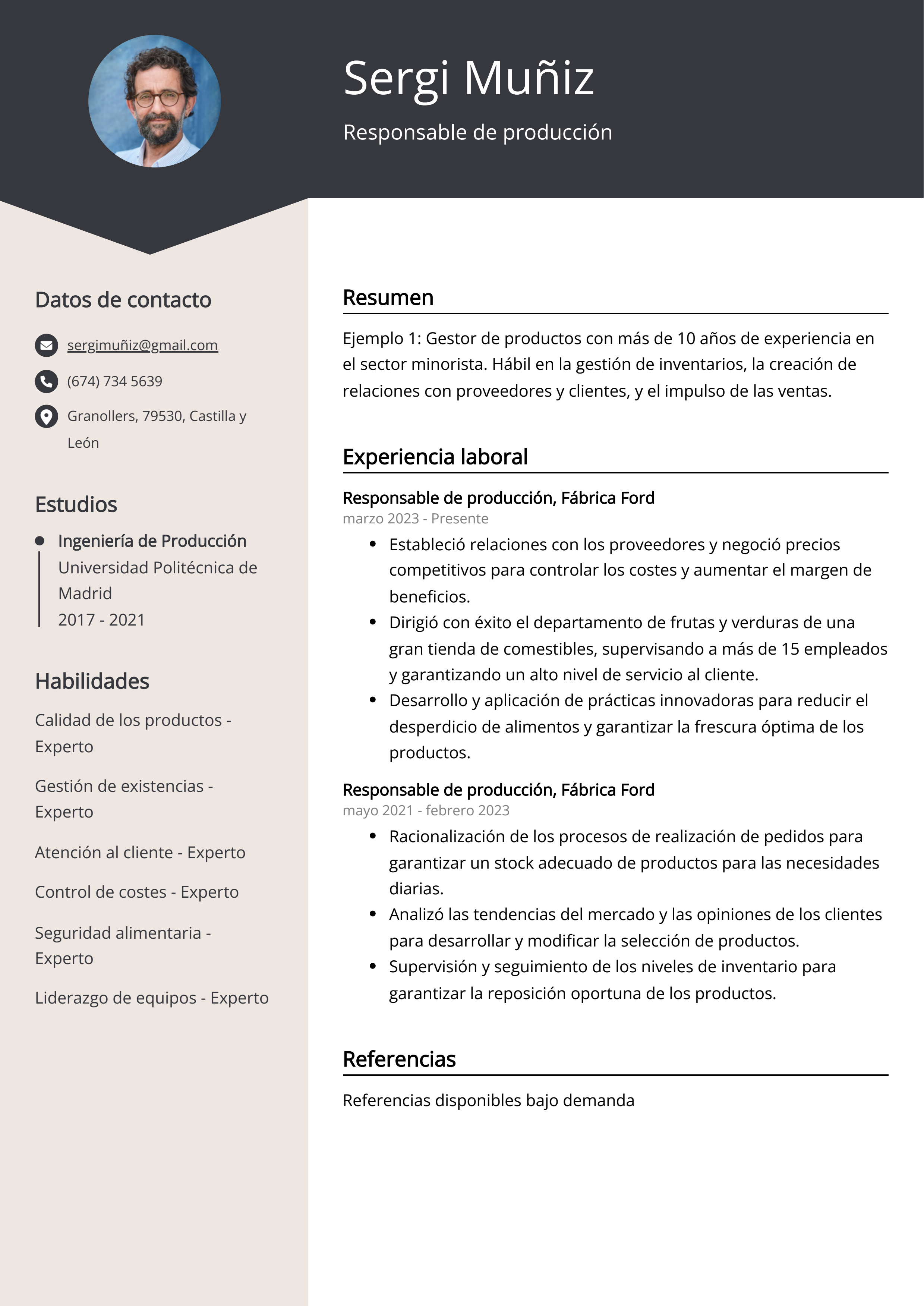 Responsable de producción Ejemplo de CV