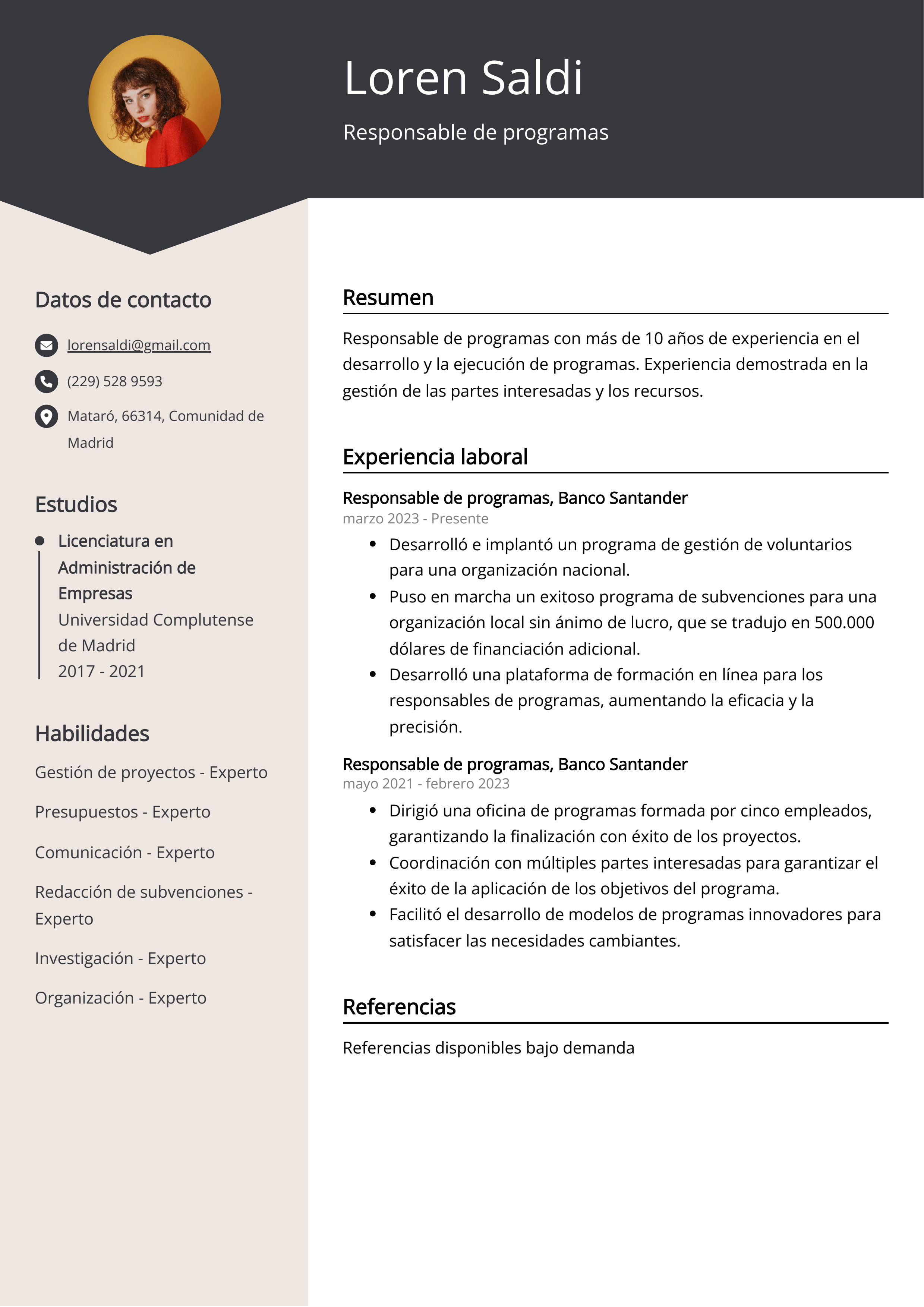 Responsable de programas Ejemplo de CV