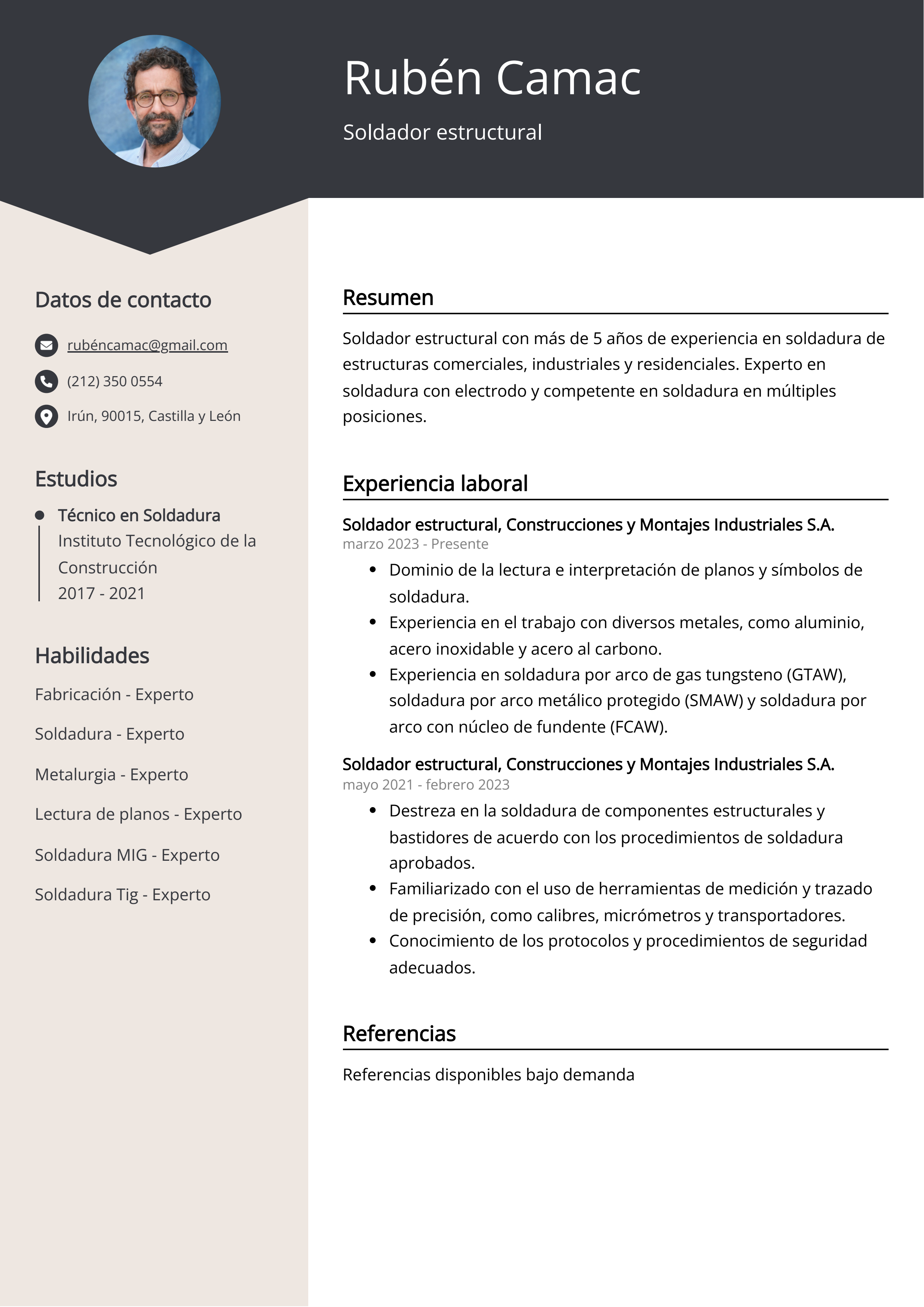 Soldador estructural Ejemplo de CV