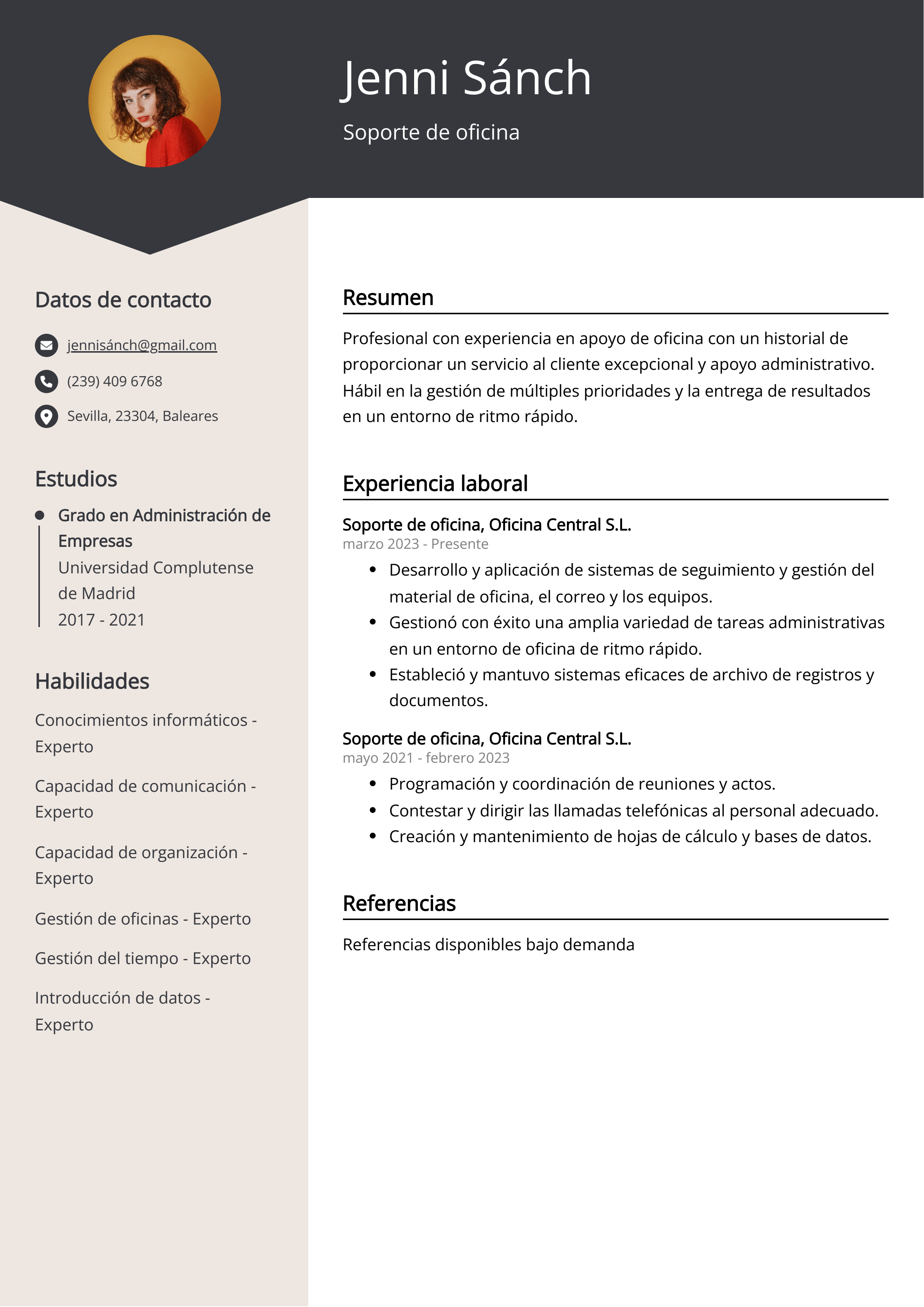 Soporte de oficina Resume Example