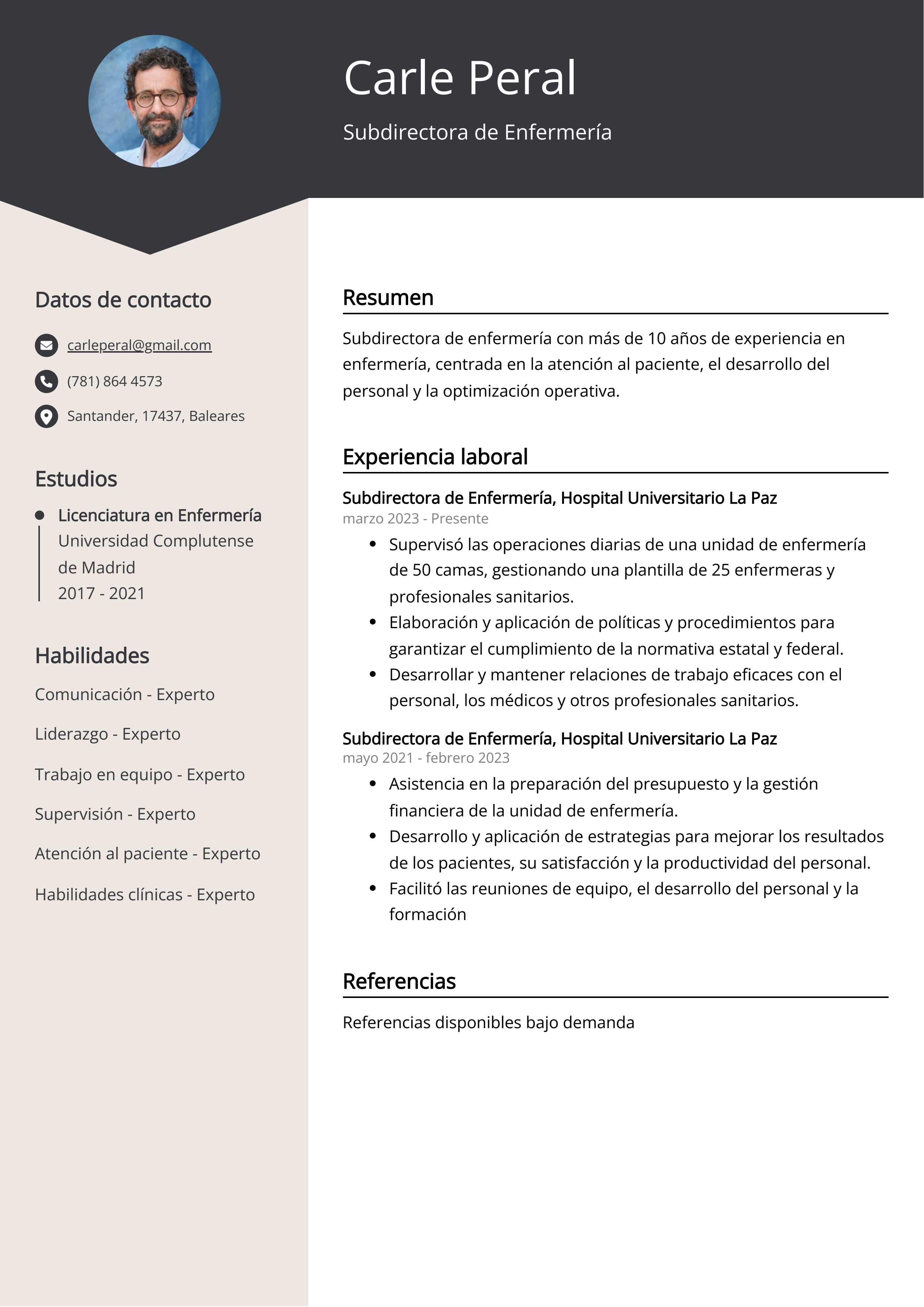 Subdirectora de Enfermería Ejemplo de CV