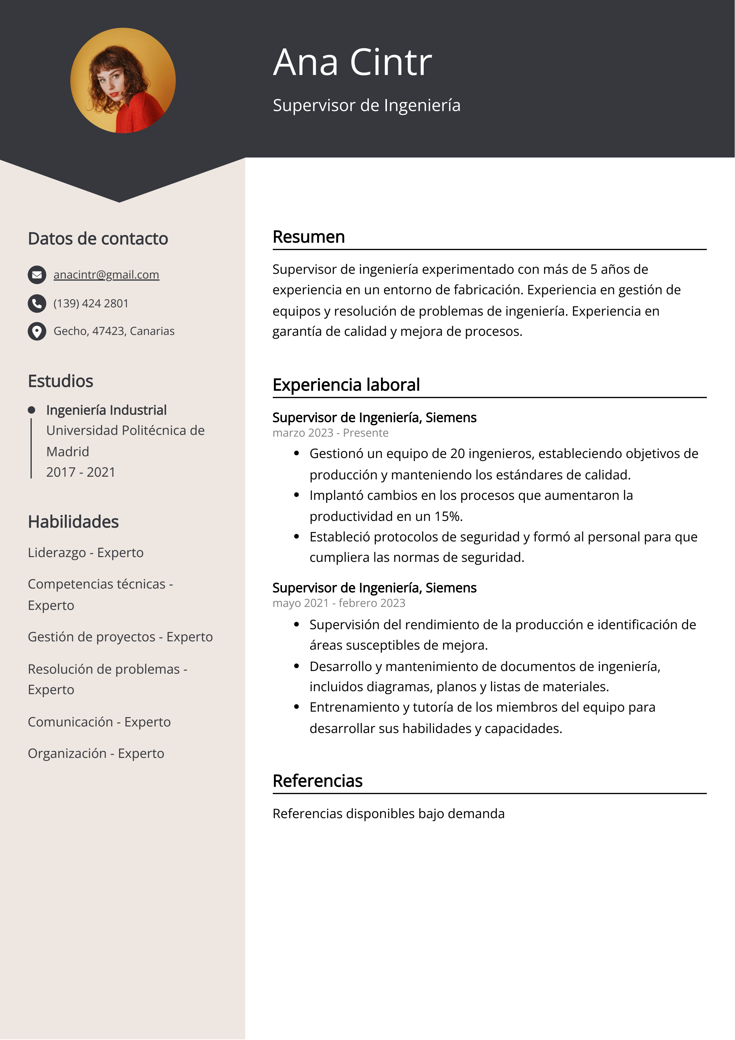 Supervisor de Ingeniería Ejemplo de CV