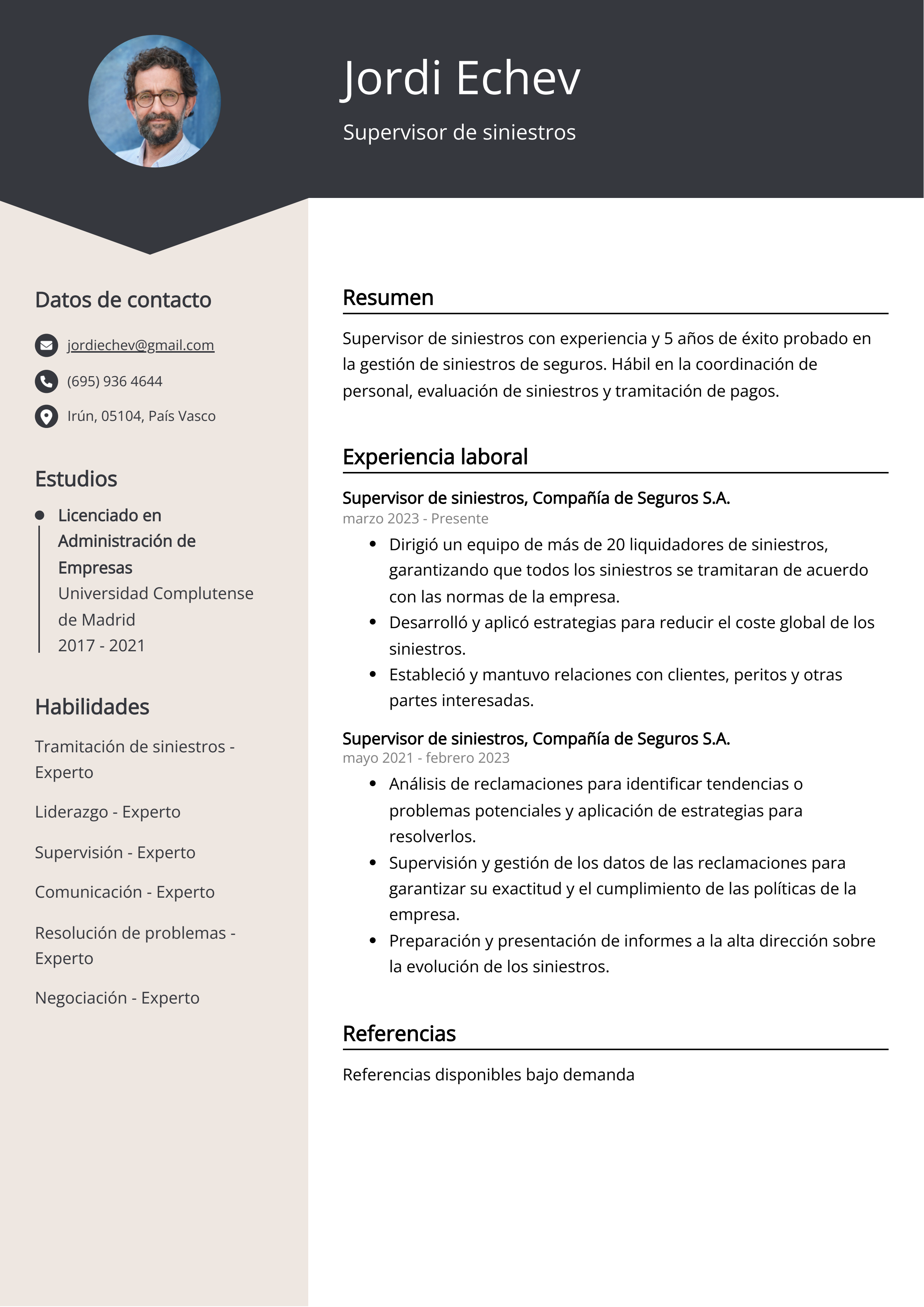 Supervisor de siniestros Ejemplo de CV