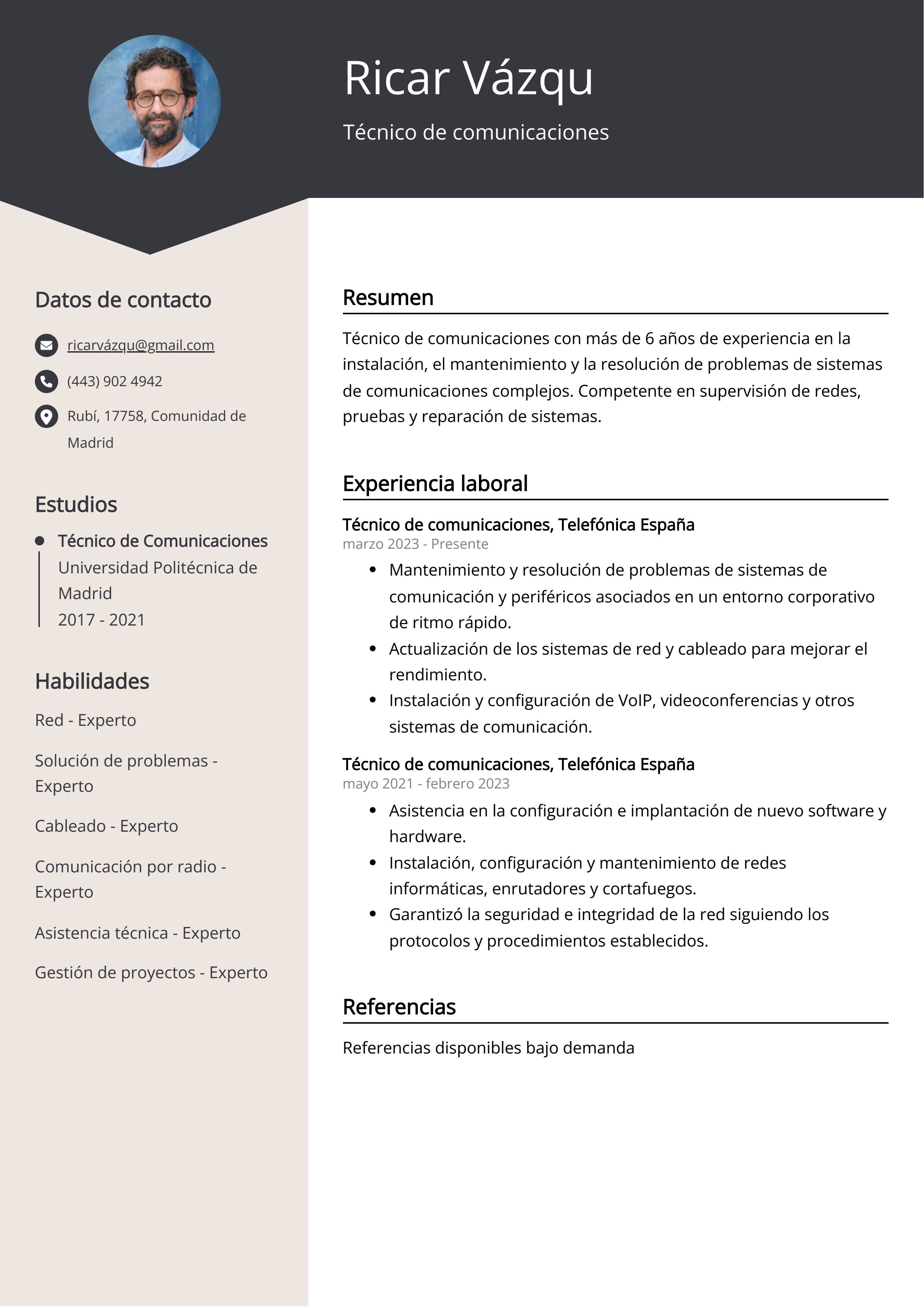 Técnico de comunicaciones Ejemplo de CV