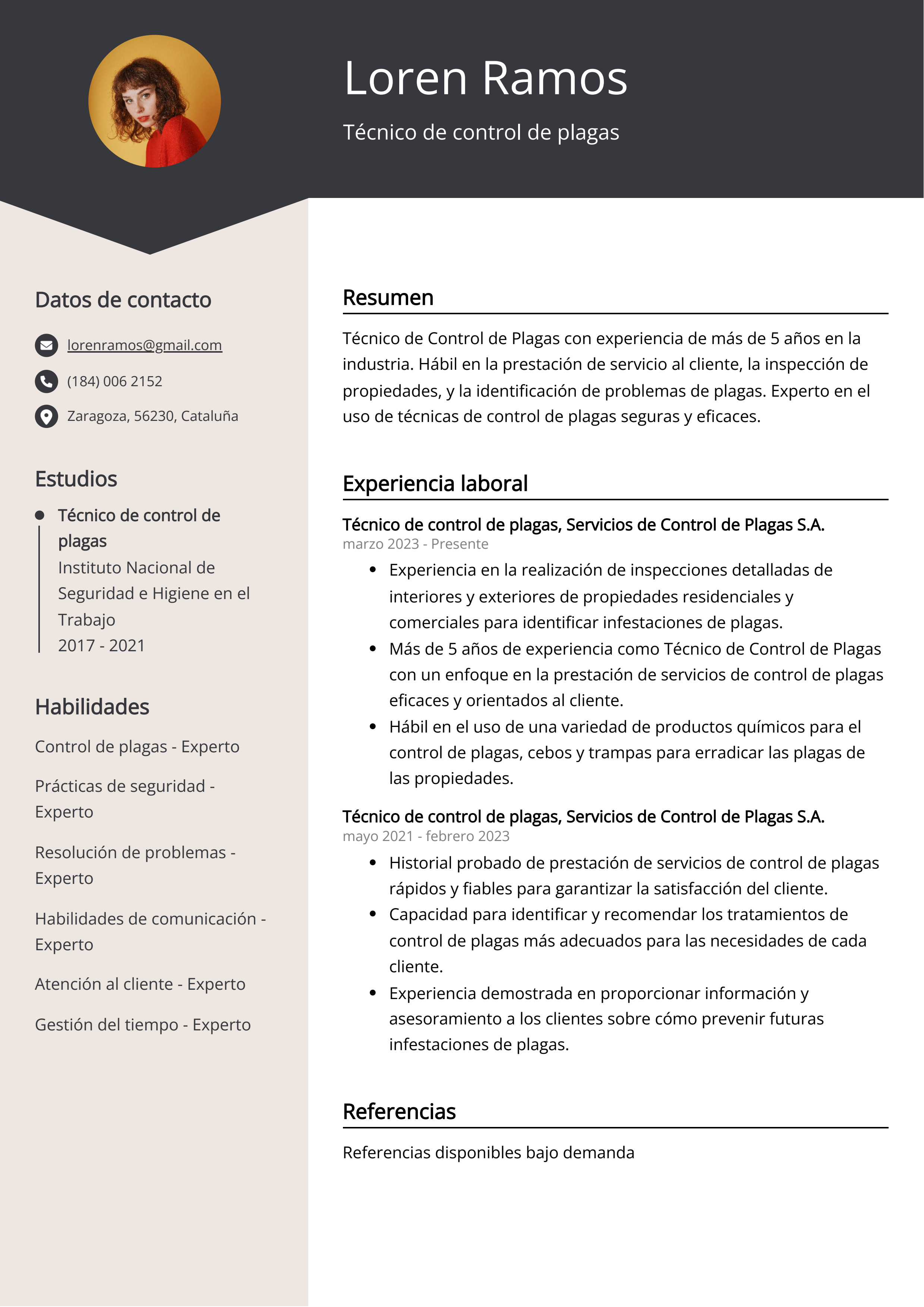 Técnico de control de plagas Resume Example