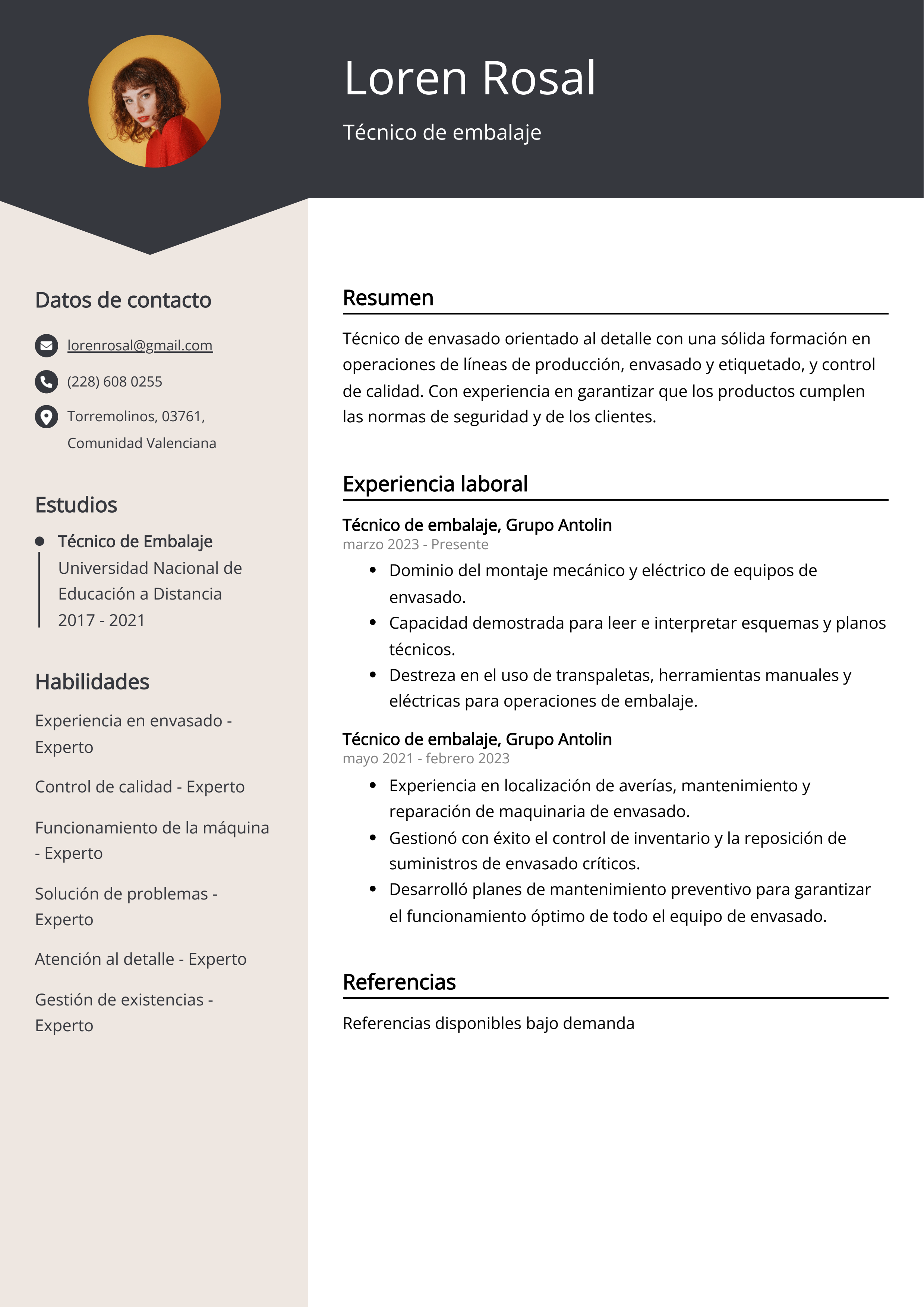 Técnico de embalaje Ejemplo de CV