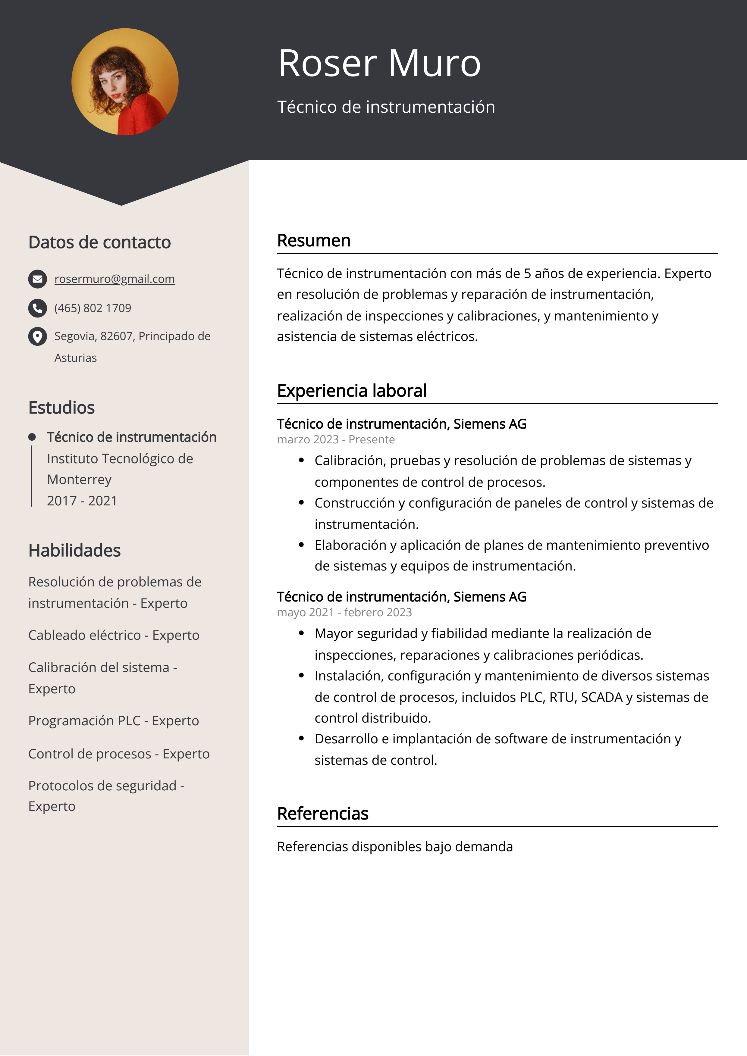 Técnico de instrumentación Ejemplo de CV