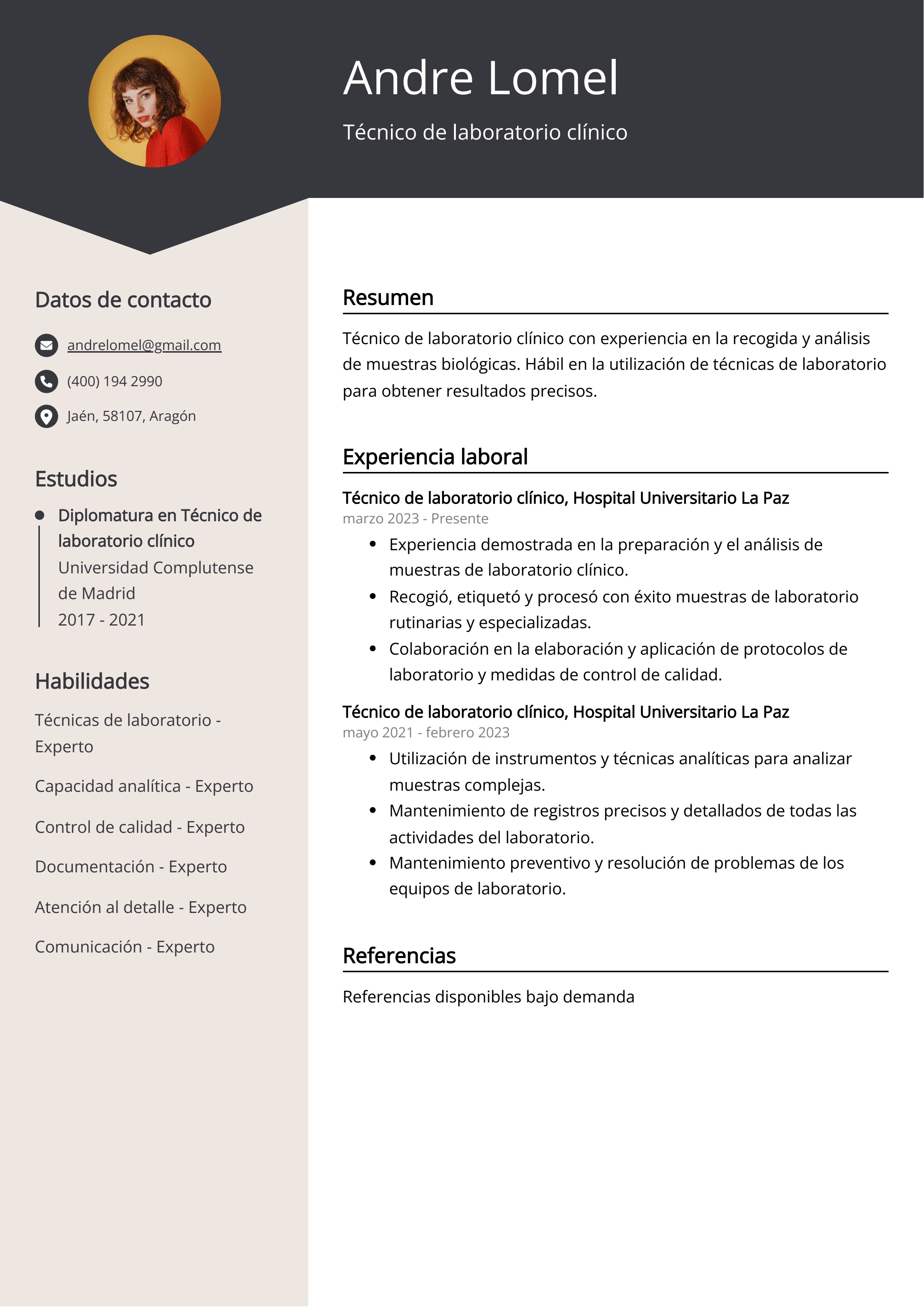 Técnico de laboratorio clínico Ejemplo de CV