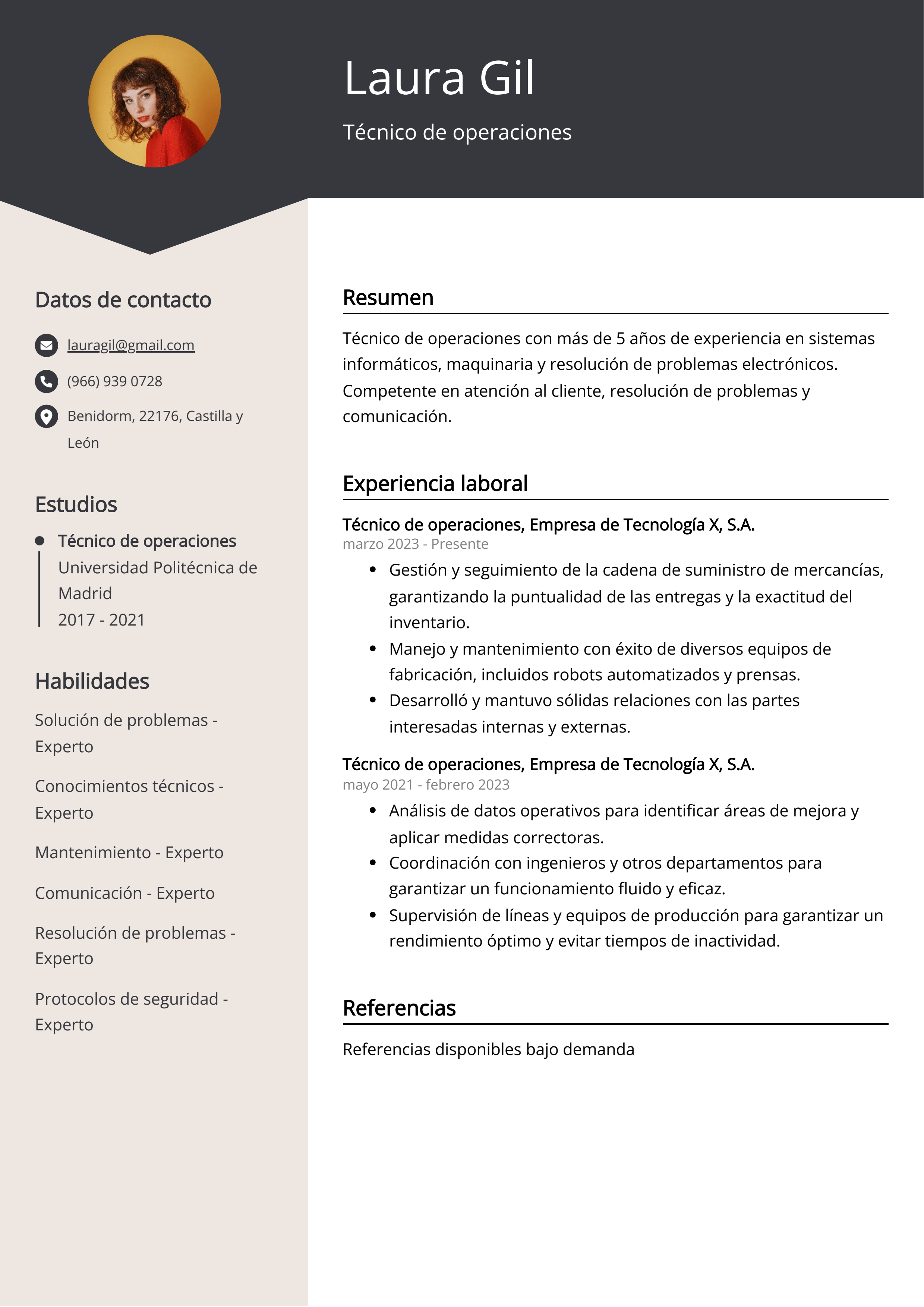 Técnico de operaciones Ejemplo de CV