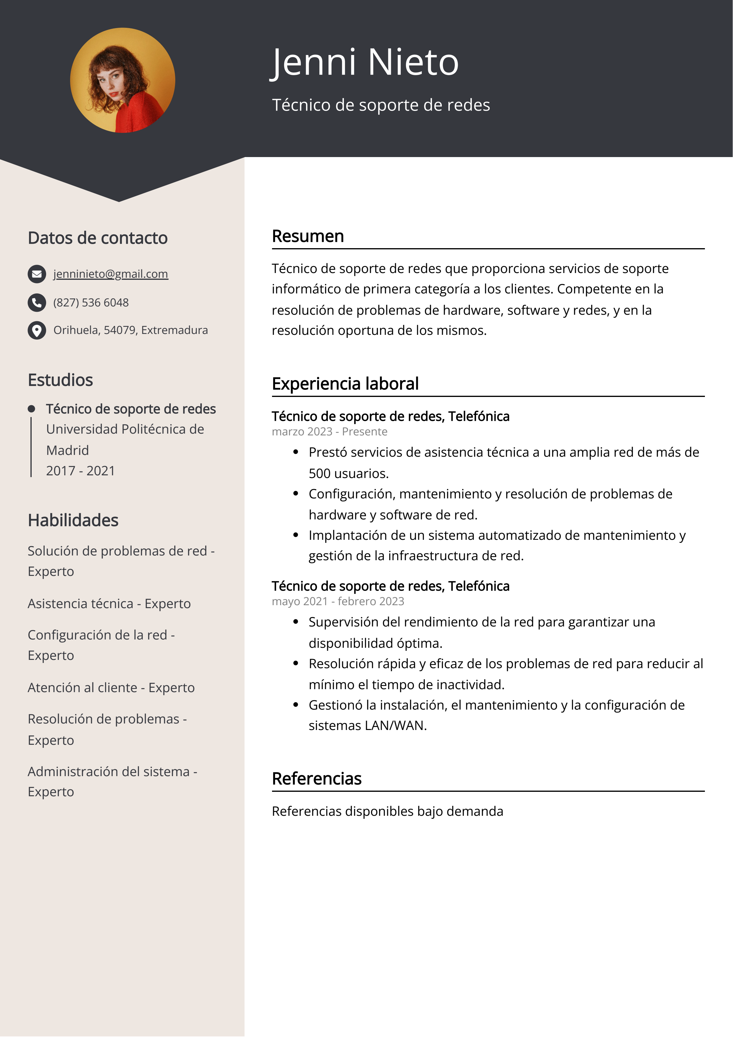 Técnico de soporte de redes Resume Example