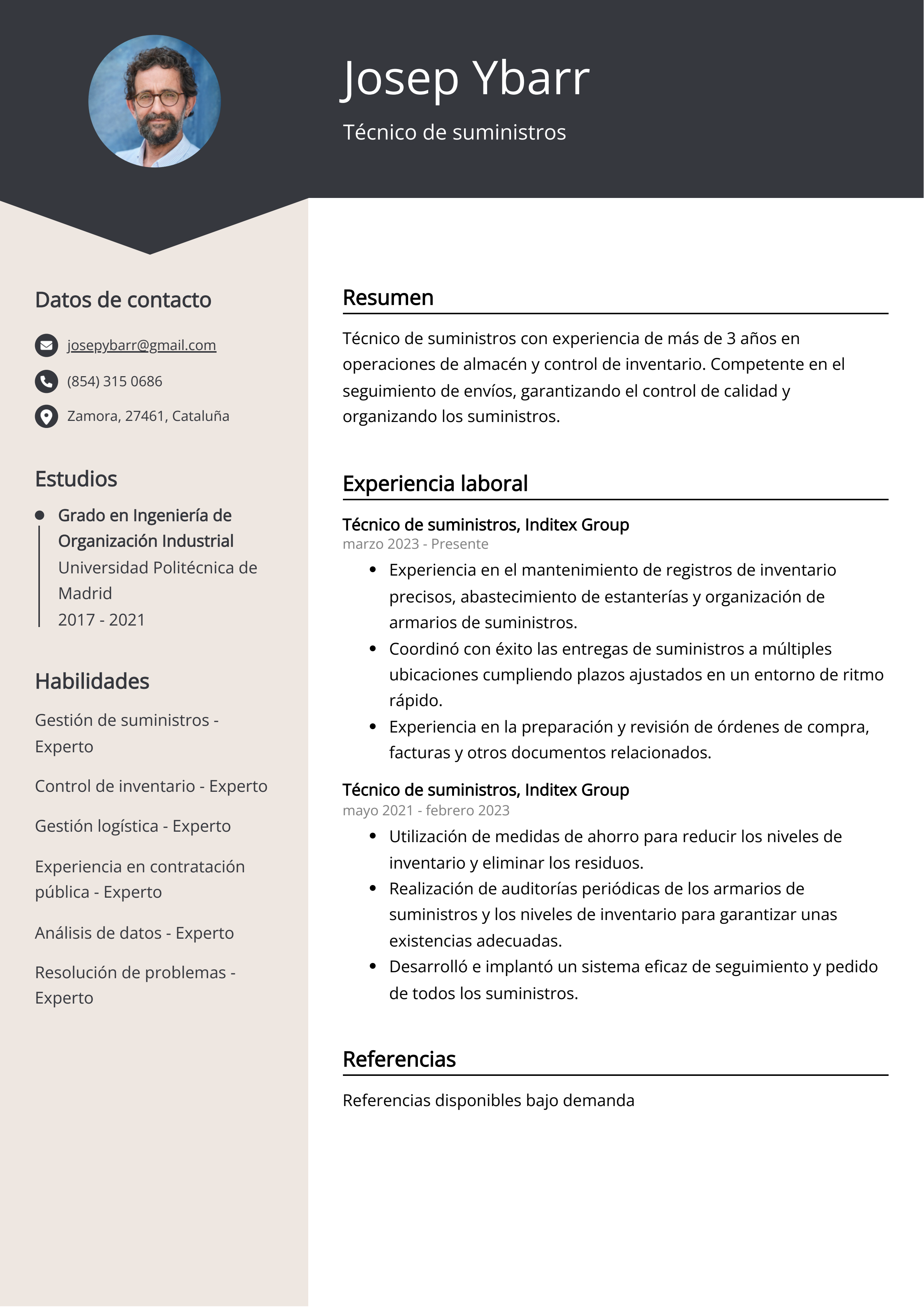 Técnico de suministros Ejemplo de CV