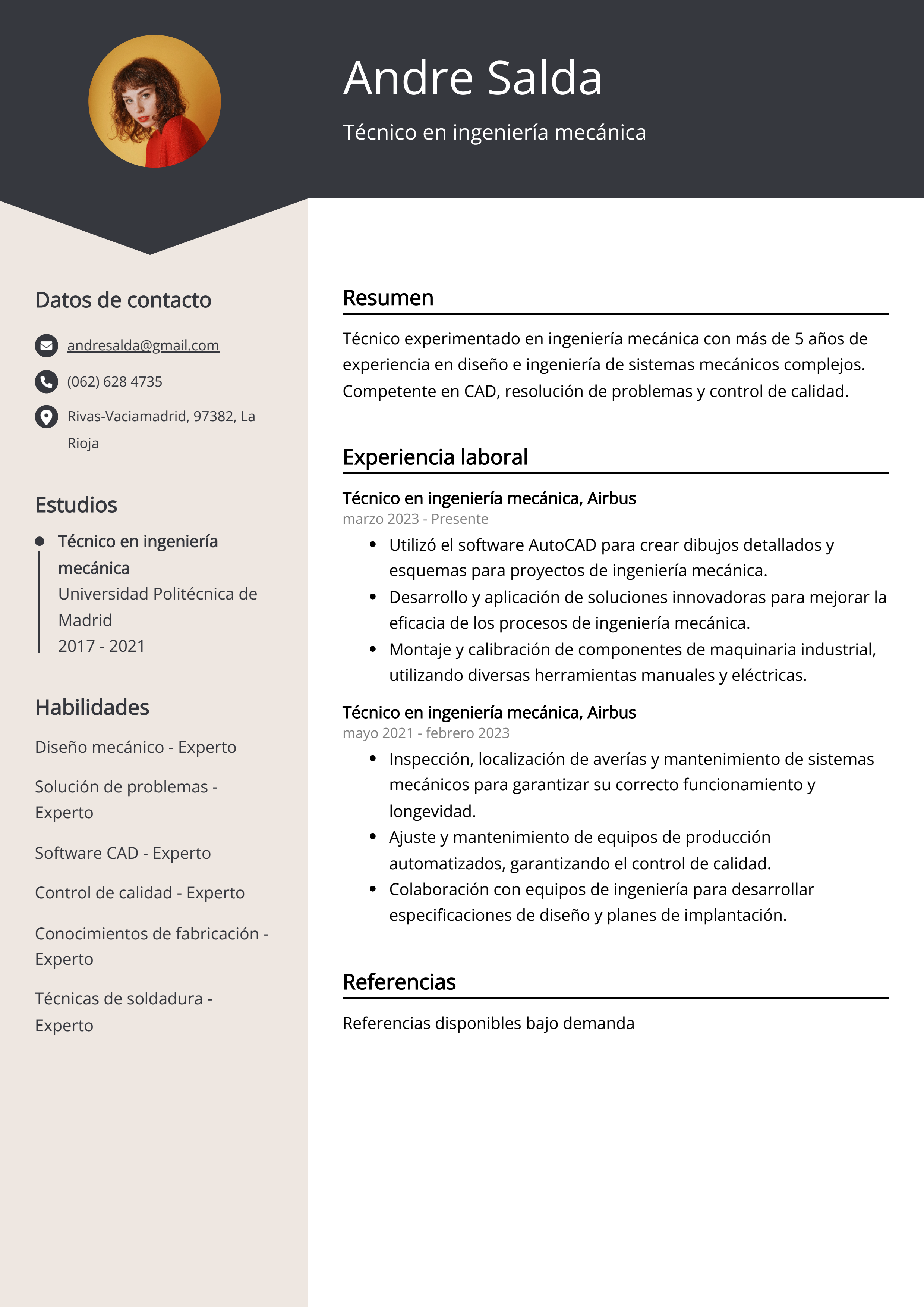 Técnico en ingeniería mecánica Ejemplo de CV