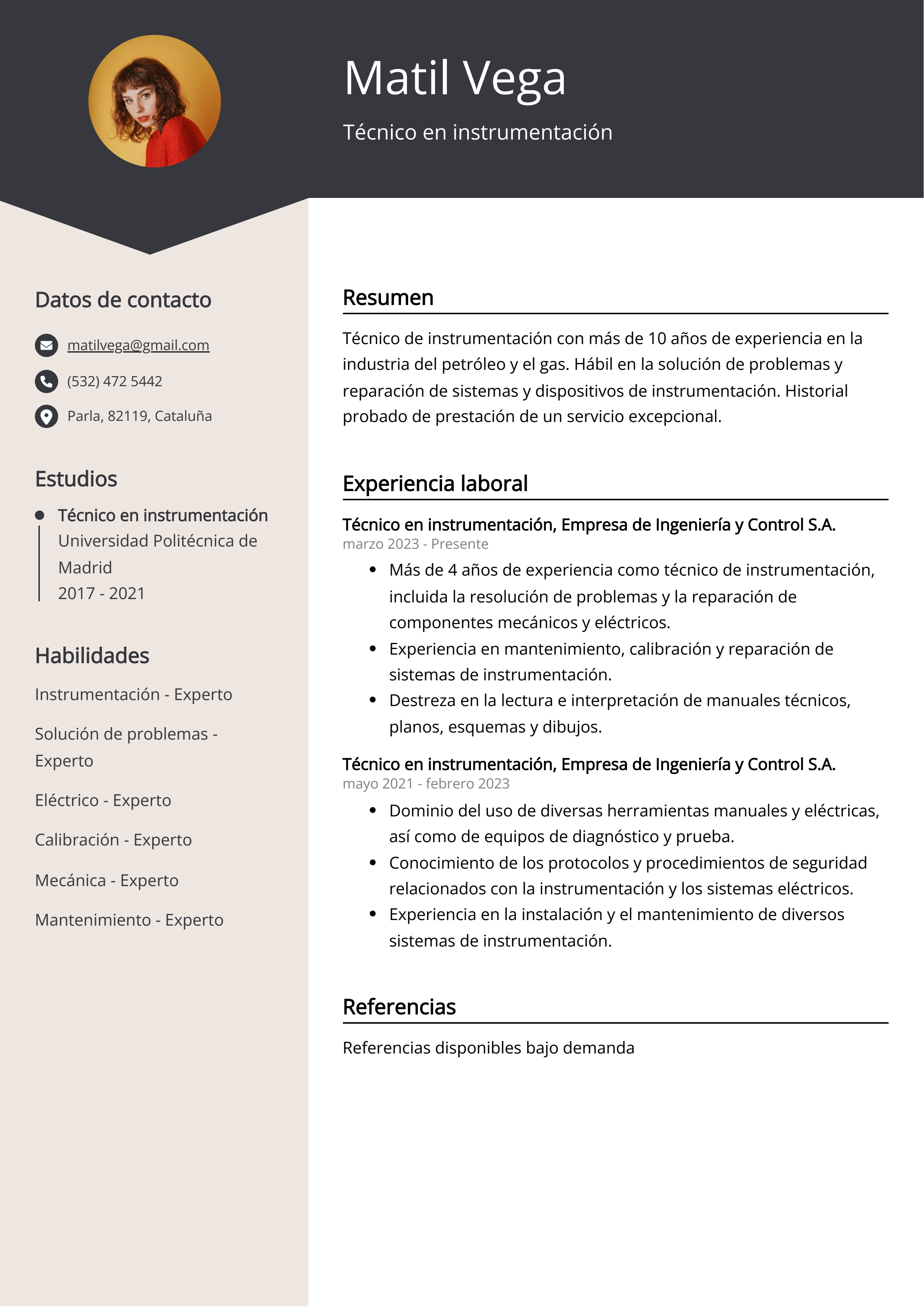 Técnico en instrumentación Ejemplo de CV