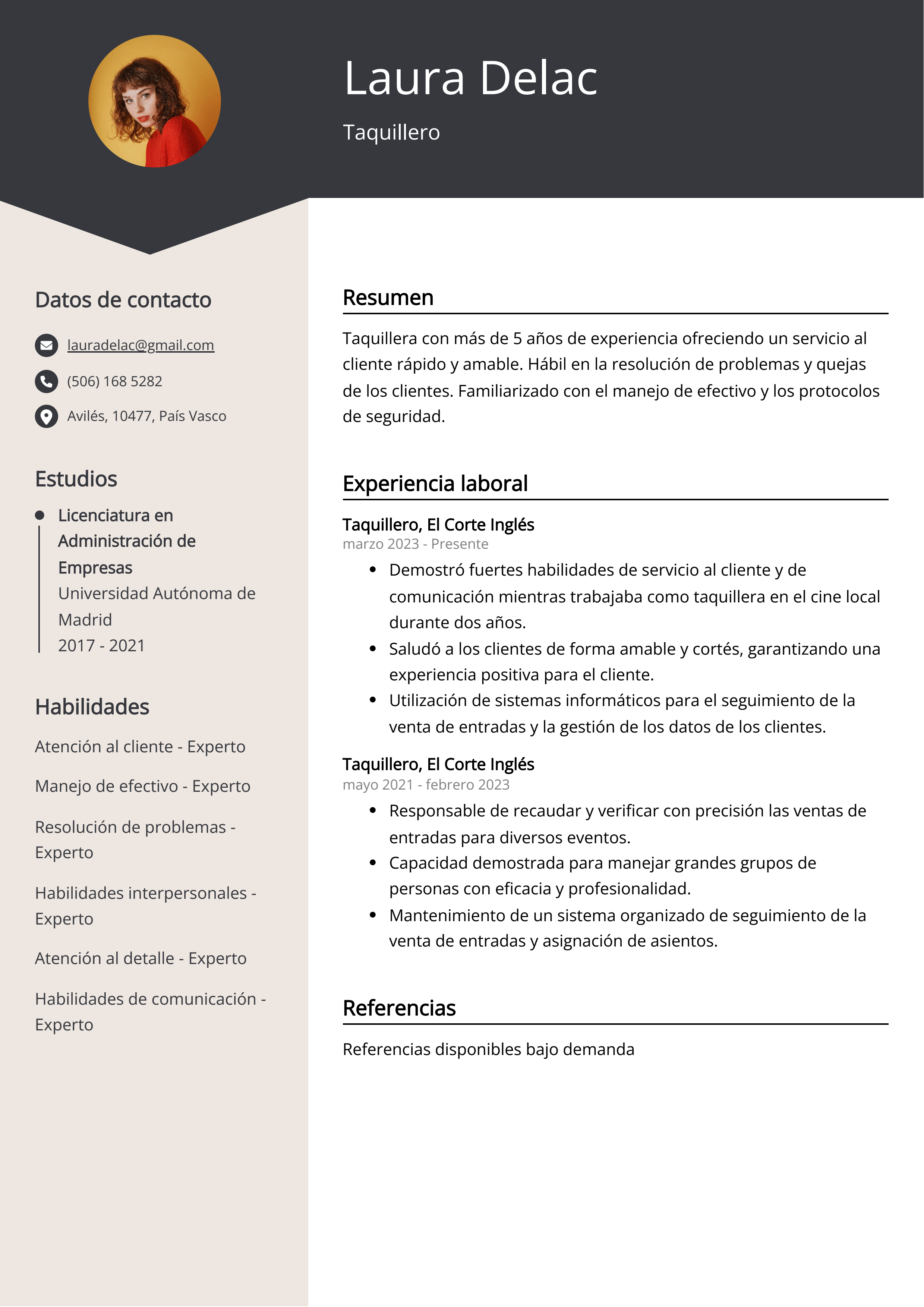 Ejemplos De Curriculum Vitae Taquillero Plantilla Y Consejos