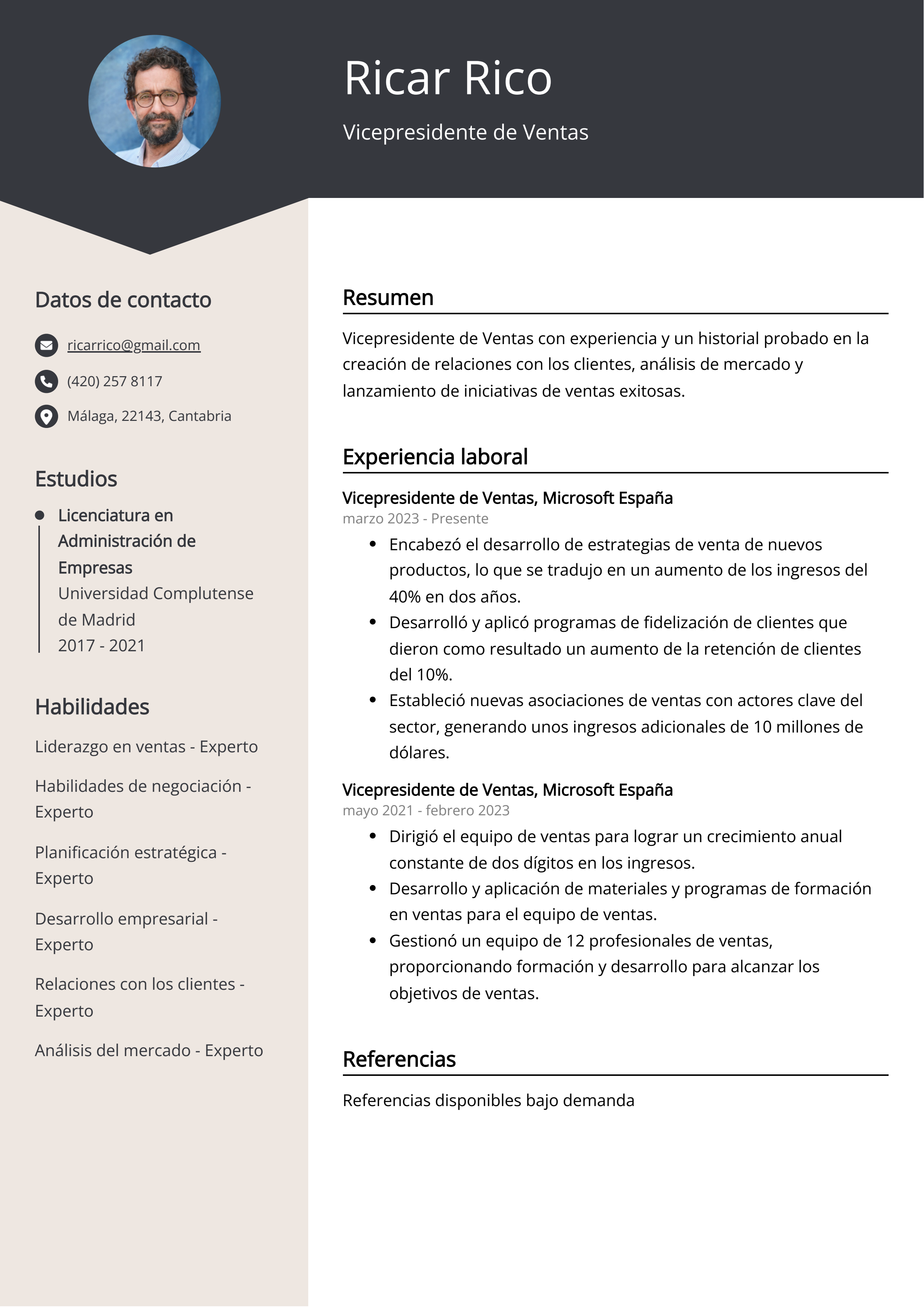 Vicepresidente de Ventas Ejemplo de Curriculum Vitae