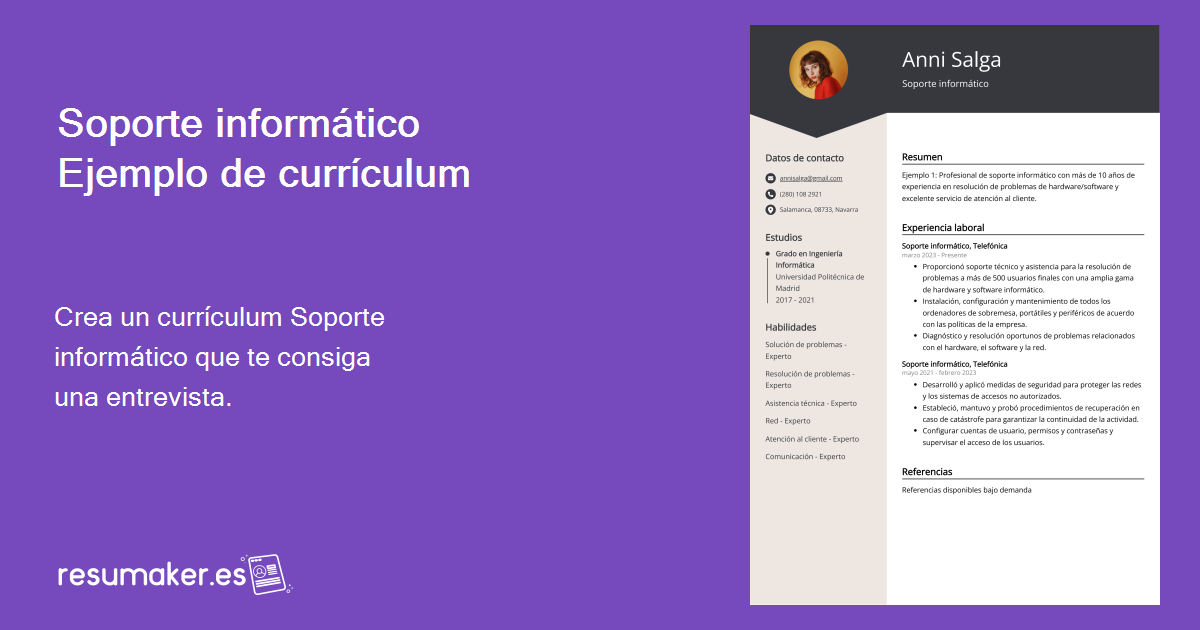 Curriculum Vitae Soporte informático: Ejemplo y Guía (Nivel de Entrada ...